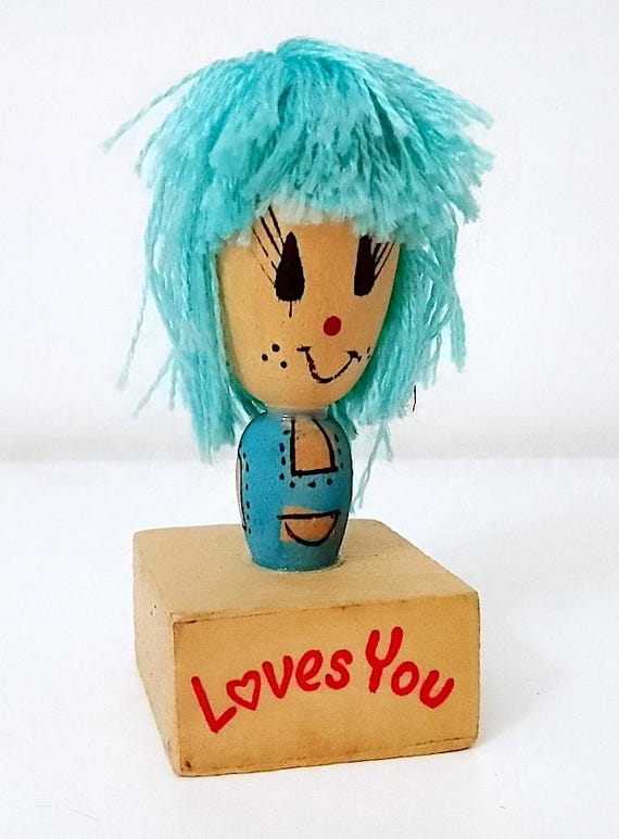 LOVES YOU 80s wood sharpener doll blue hairs - wooden sharpener vintage doll turquoise hair