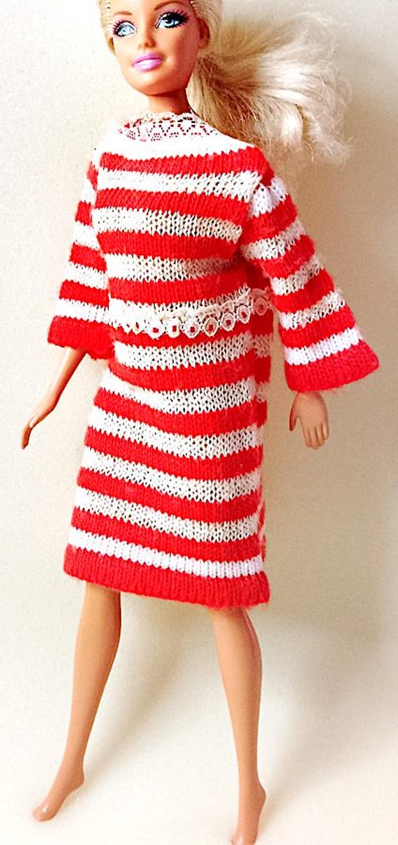 B1022 - BARBIE 70s abito lana a righe rosso e bianco con pizzo