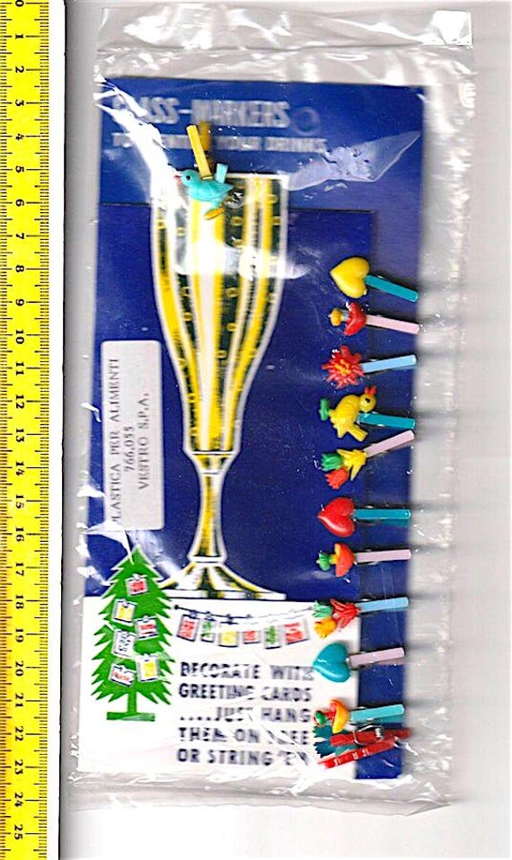 GLASS MARKERS to identify your drinks 70s Vestro / HK 12 plastic mini clips super kawaii - 12 beautiful glass markers