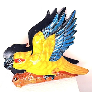 PARROT - PARROT jaune années 90 support en bois italien pour papier et lettres - joli porte-cartes en bois peint à la main