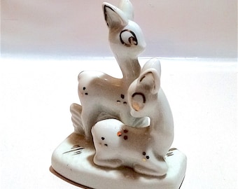 bambi fawn deer cerf couple 70s porcelaine poterie statue - porcelaine miniature délicieuse blanche et or