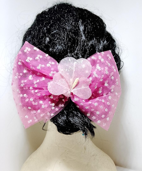 pink violet flower ribbon 80s Italy chiffon deco hair pin - hair bow maxi pink clip with flower