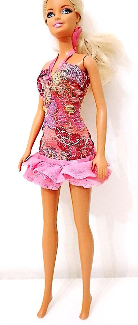 B1213 - BARBIE 2000s abito disco dance bellissimo rosa con balze iridescente