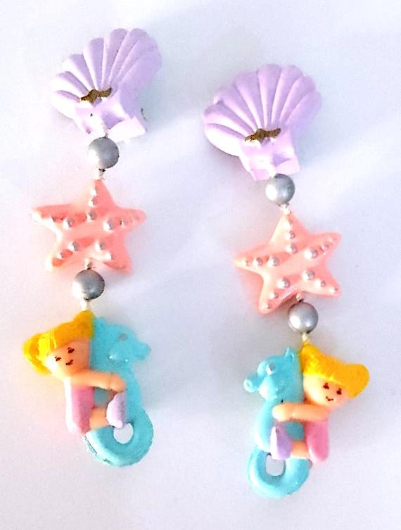POLLY POCKET 1991 Bluebird - Princess Seashell earrings excellent full - original complete and perfect clip earrings super kawaii pastel