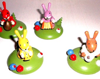 KANINCHEN - HÄSCHEN - 80er Jahre Italien Kaninchen Lot 4 Vintage Holz Weihnachtsdekorationen - Lot 4 Kawaii Holz Weihnachtsdekorationen