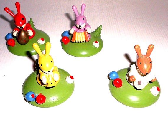RABBIT - BUNNY - 80s italy rabbit lot 4 vintage wood christmas decorations - lot 4 kawaii wooden christmas decorations