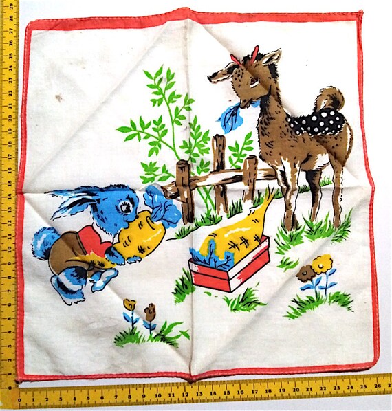 1960s handkerchief with donkey and rabbit vintage cotton handkerchief