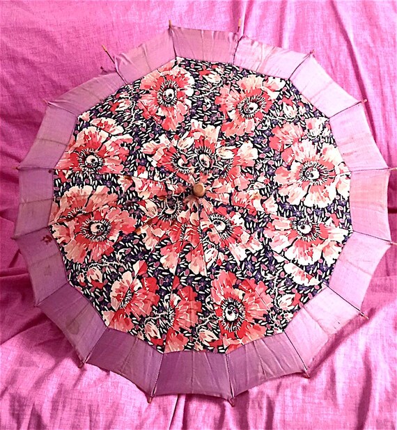 Splendido ombrello parasole in seta e legno anni 50 da restaurare - vintage 50s sun umbrella flower fantasy silk and wood fashion