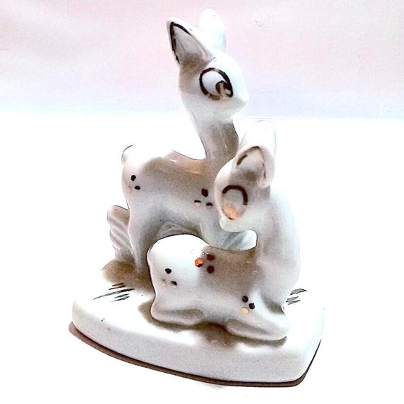 bambi cerbiatto deer  coppia 70s china pottery statue - miniatura porcellana deliziosa bianco e oro