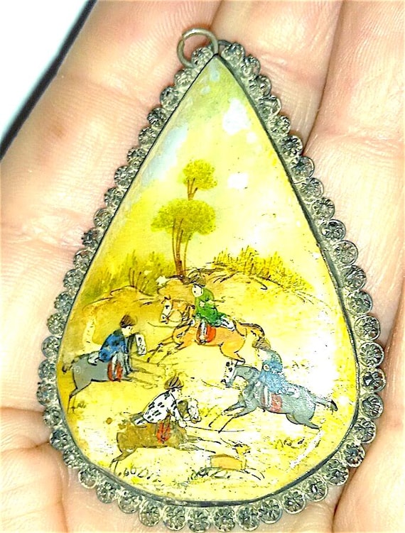 beautiful mother of pearl pendant with hand painted miniature vintage persia 1930s