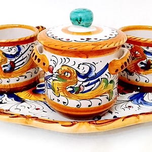 DERUTA Torretti 70s Italy splendid tete a tete set cups sugar bowl tray dragon ceramic vintage grotesque raphaelesque