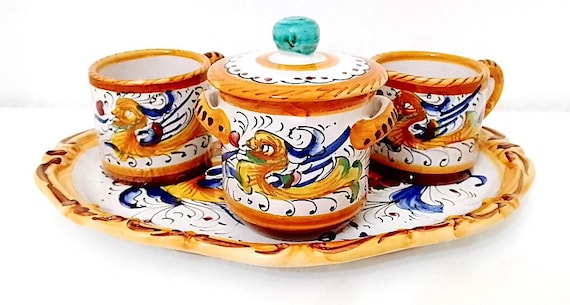 DERUTA Torretti 70s Italy splendid tete a tete set cups sugar bowl tray dragon ceramic vintage grotesque raphaelesque
