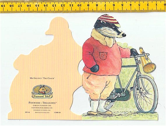 FOXWOOD TALES 1996 Brian Paterson uk greeting card - greeting card - Mr Gruffey "The Coach" bicycle