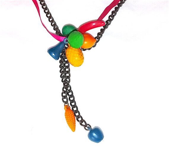 FIORUCCI 90s Italy beautiful fruit metal necklace ribbon and charms mint - bronze effect metal fruit necklace new