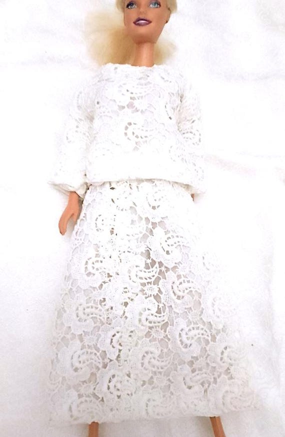 B058 - BARBIE ko handmade 80s abito da sposa fatto a mano pizzo sangallo bianco 2 pezzi splendido