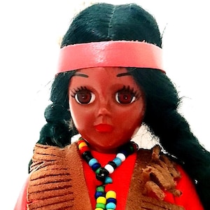 Vintage Native American Doll 60's with Newborn Baby Clicking Excellent and Rare Red Dress
