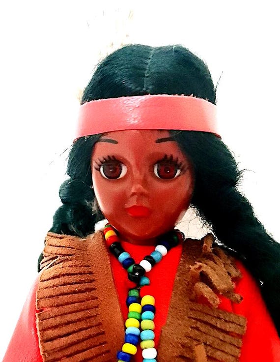 Vintage Native American Doll 60's with Newborn Baby Clicking Excellent and Rare Red Dress