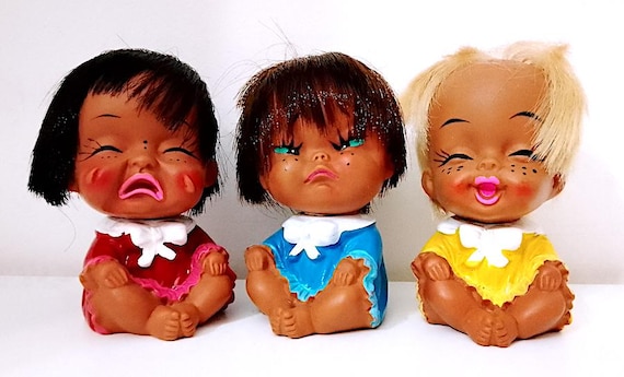 Moody crying smile and hungry 1960 IWAI Japan lot 3 original rubber doll super cute excellent - 3 original rubber dolls excellent kawaii