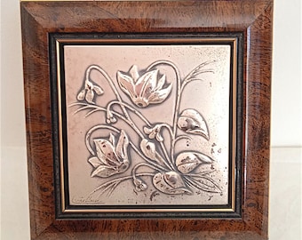 ACCA - CASTELLANI boîte en bois vintage avec argent décorer fleurs cyclamen argent 925 - scatola radica con lamina argento ciclamini decorata