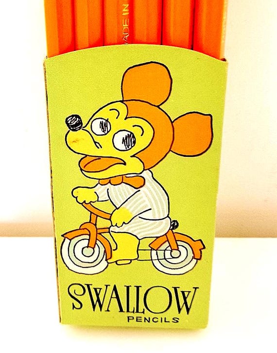 SWALLOW 70s China lot 10 pencils in paper small case mouse and cat kawaii 10 vintage pencils