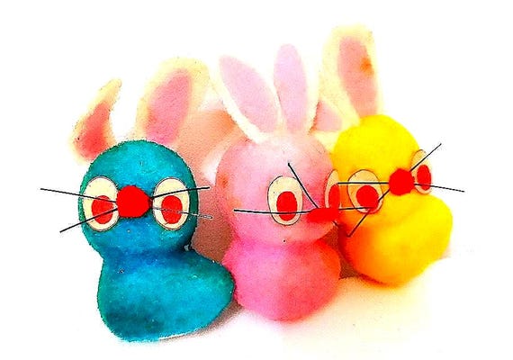 Three small colorful rabbits bunnies Easter decorations 80s super mega kawaii miniature bunny rabbit decorations easter