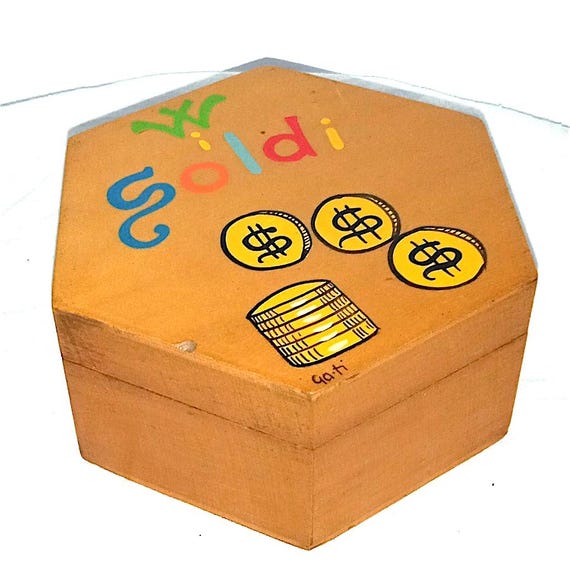 W I SOLDI 80s italy hand painted wooden box - wood box bank handpaint