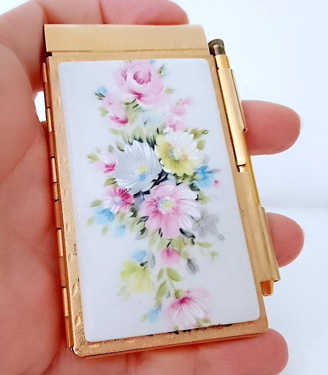 Pottery Flowers Romantic 70s Pocket Memo Pad Metal Case and Pencil ...