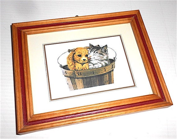CAT and DOG - CANE e gatto 80s Beatrice D'este italy tiny frame romantic kawaii - mini quadro con stampa romantica cuccioli