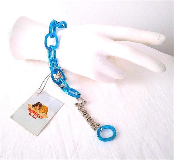 FIORUCCI 90s Italy Gorgeous Blue Chain Charm Bracelet New with Tag - Vintage Rare Chain Charm Blue Bracelet Mint