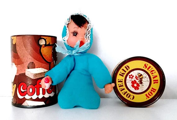 COFFE KID SUGAR boy 70s dag italy rag doll in box jar - small paciocchino doll in jar