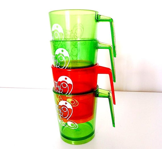 CHICCO 60s Italy lot 4 tiny coffee mugs cups plastic green and orange - 4 super pop green and orange plastic cups