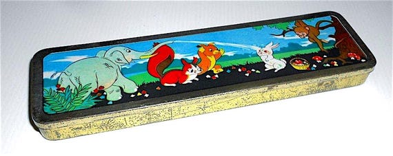 ANIMALS - ANIMALETTI 70s China tin pencil case box - used kawaii tin pencil case