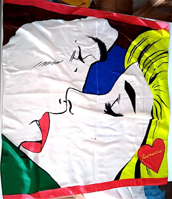 FIORUCCI 70s italy vintage super rare large acetate foulard kiss - large rare and beautiful acetate foulard
