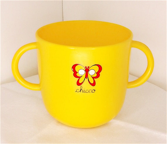 CHICCO 60s italy tazza mug bicchiere doppio manico anticaduta per neonato splendido giallo farfalla