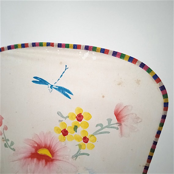 Chinese fan in 70s painted silk delicious dragonf… - image 2