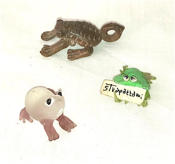 RANA - FROG  80s lot 3 super kawaii miniatures - lotto 3 miniature bronzo, vetro, pasta