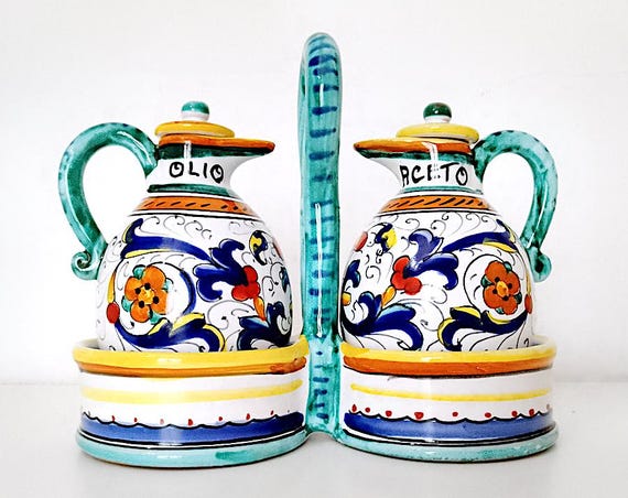 DERUTA LAB 40s Italy Oil and vinegar bottles set elegant vintage Italian majolica flowered luxury pottery oil vinegar pocket bottle kit