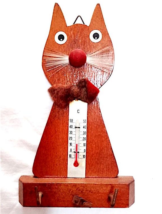 beautiful 60s italian wood cat hanger thermometer - vintage cat hanger thermometer
