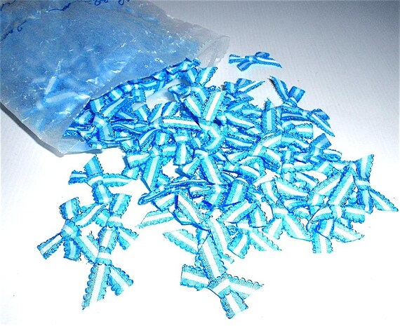 600 small vintage clothing  blue ribbons - 600 mini fiocchi azzurri in stoffa anni 80 per bomboniere