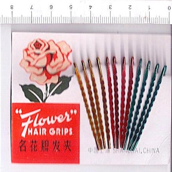 FLOWER Hair Grips 70s Shangai China 12pcs Colorful Metal Hairpins