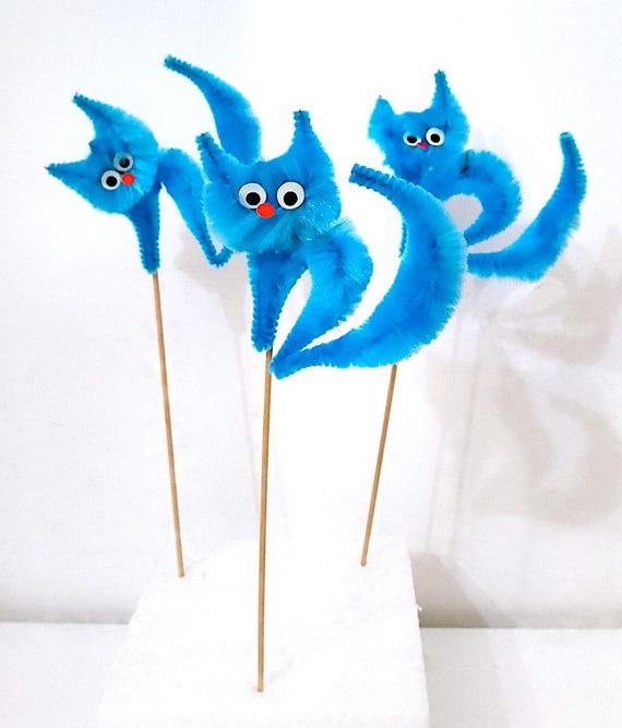 BLUE CAT - 80s blue CATS 3 vintage party cocktail stick deco kawaii - 3 beautiful stick decorations for aperitifs and parties
