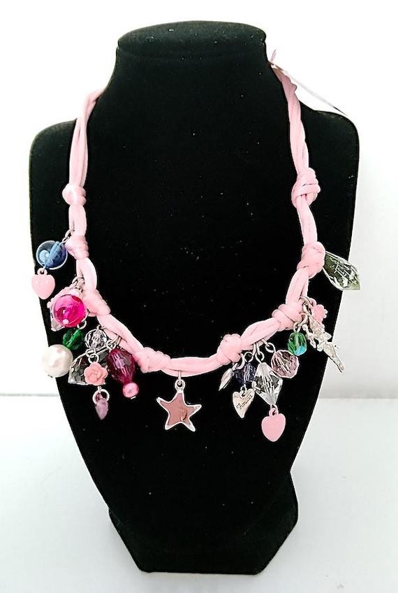 FIORUCCI 90s italy vintage rare pink necklace collier with more charms pendants angel romantic pop fashion pastel kawaii mint