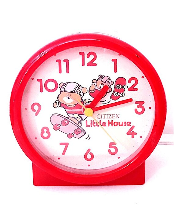 LITTLE HOUSE 80s Citizen - kawaii red alarm clock with bears in skate - red plastic alarm clock with bears on skate beautiful