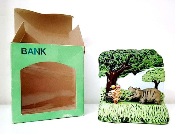 HIPPO in the forest 80s pottery coin bank in box piggy bank tirelire kawaii green