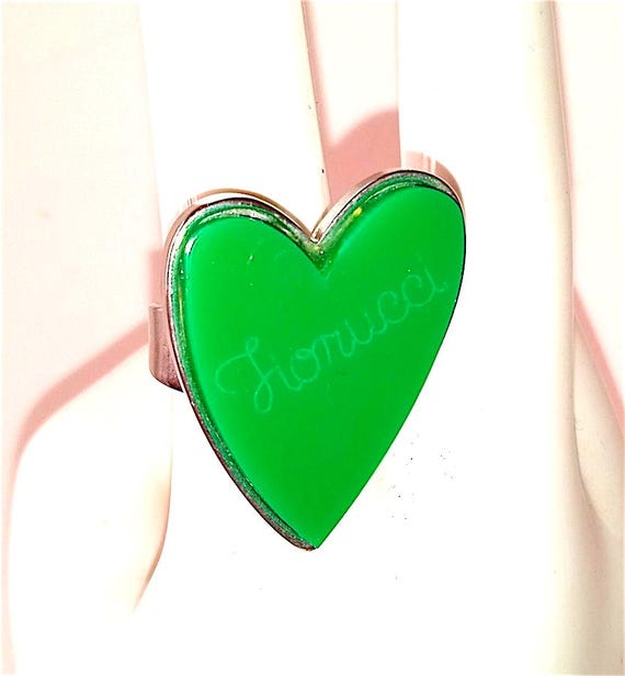 FIORUCCI 90s italy vintage rare maxi ring green heart - adjustable maxi ring with heart new