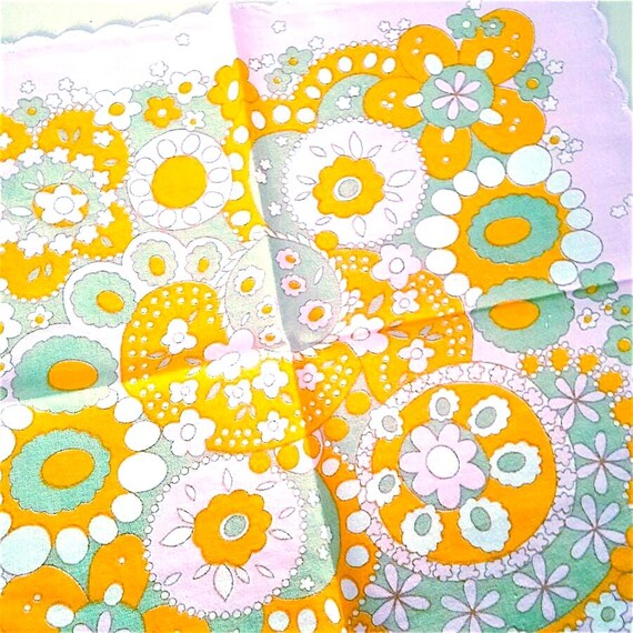 POP FLOWERS 60s italy vintage handkerchief - orange and pink flowers cotton handkerchief