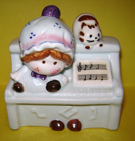 baby with cat and piano - bimbo su pianoforte con gattino 70s Japan pottery coin bank kawaii - salvadanaio ceramica delizioso