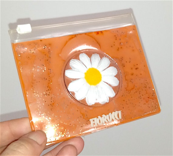 FIORUCCI 90s italy borsellino porta monete in plastica trasparente con  glitter e margherita delizioso orange -  Italia