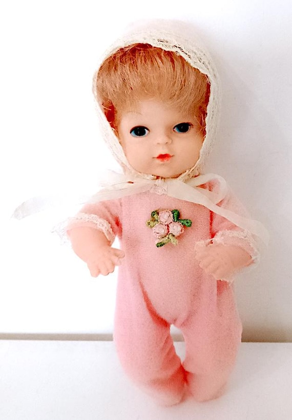 small newborn doll pink jumpsuit 70s hat made in Hong Kong cute kawaii pocket doll baby pink