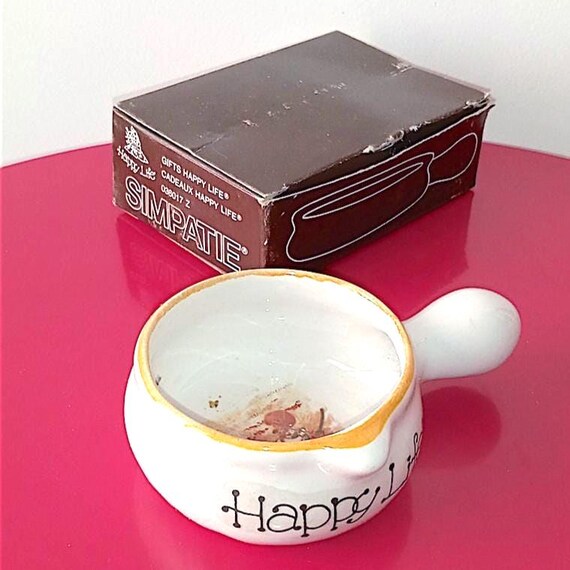 HAPPY LIFE 70s Norex Simpatie italy vintage pottery decoration in box - ciotola pentolino ceramica decorativo nuovo
